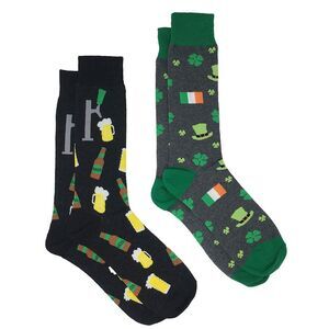 Men's St Patricks Day Irish Luck and Beer Tap w/ Mugs Socks 2-Pairs Black Gray
